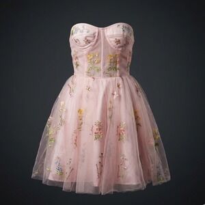 Romantic Embroidered Floral Tulle Mini Dress Fairycore Lace-Up Corset Back Small